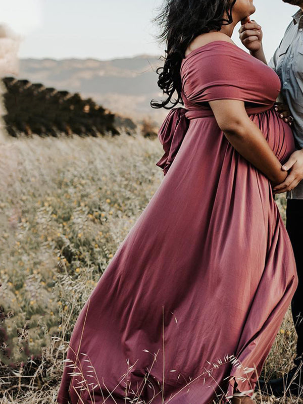 fotobeyou Solid Color Backless Tie Back High Waist Photoshoot Maternity Maxi Dress