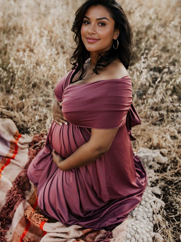 fotobeyou Solid Color Backless Tie Back High Waist Photoshoot Maternity Maxi Dress