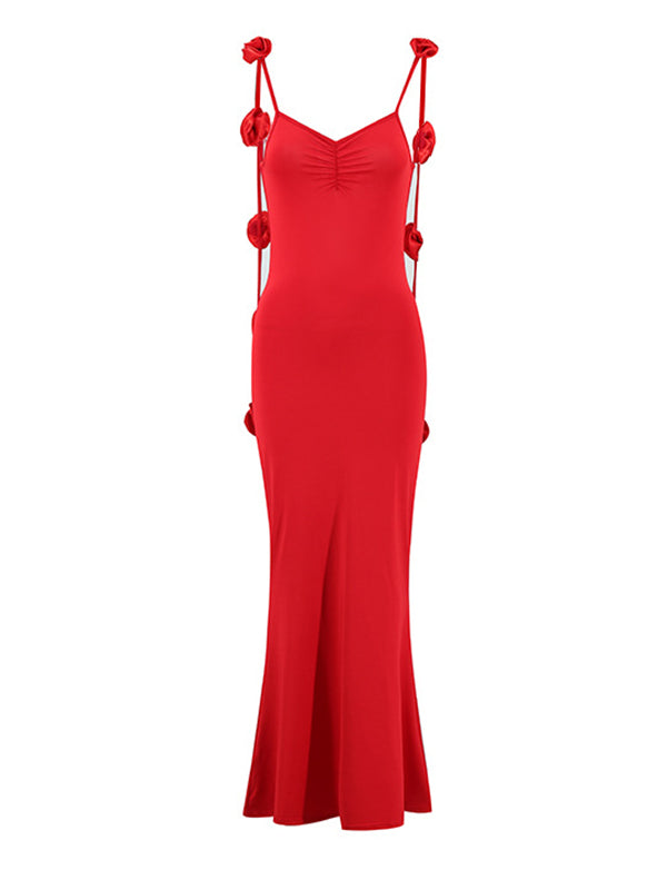 fotobeyou Red Backless 3D Flower Cascading Ruffle Spaghetti Strap Cami Mermaid Bodycon Party Photoshoot Maternity Maxi Dress
