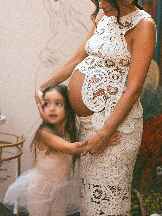fotobeyou White Lace Cut Out Crop Hollow Irregular 2-in-1 Babyshower Maternity Maxi Dress