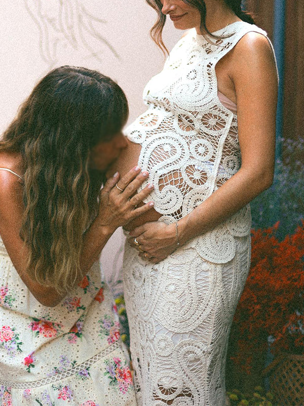 fotobeyou White Lace Cut Out Crop Hollow Irregular 2-in-1 Babyshower Maternity Maxi Dress