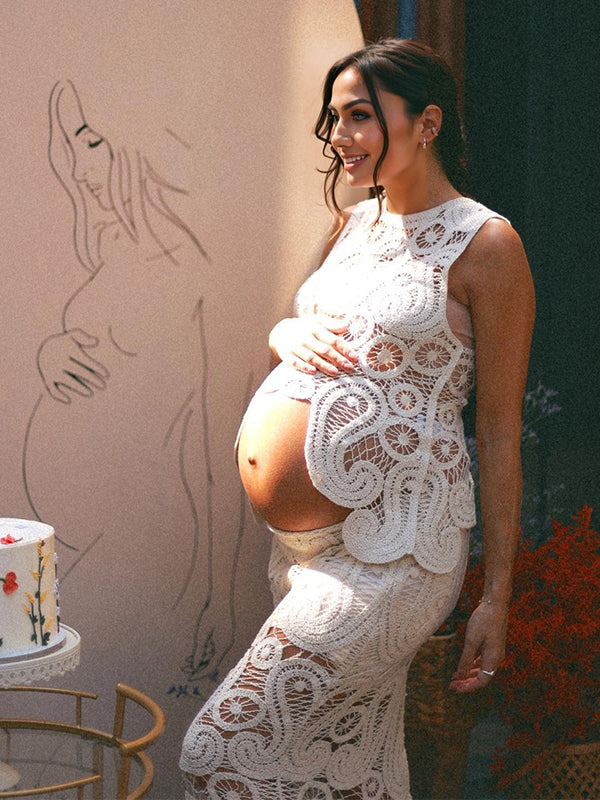 fotobeyou White Lace Cut Out Crop Hollow Irregular 2-in-1 Babyshower Maternity Maxi Dress