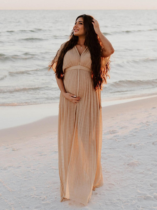 fotobeyou V-Neck Linen Cotton Bohemian Backless Thigh High Side Slits Tassel Vacation Photoshoot Maternity Maxi Dress