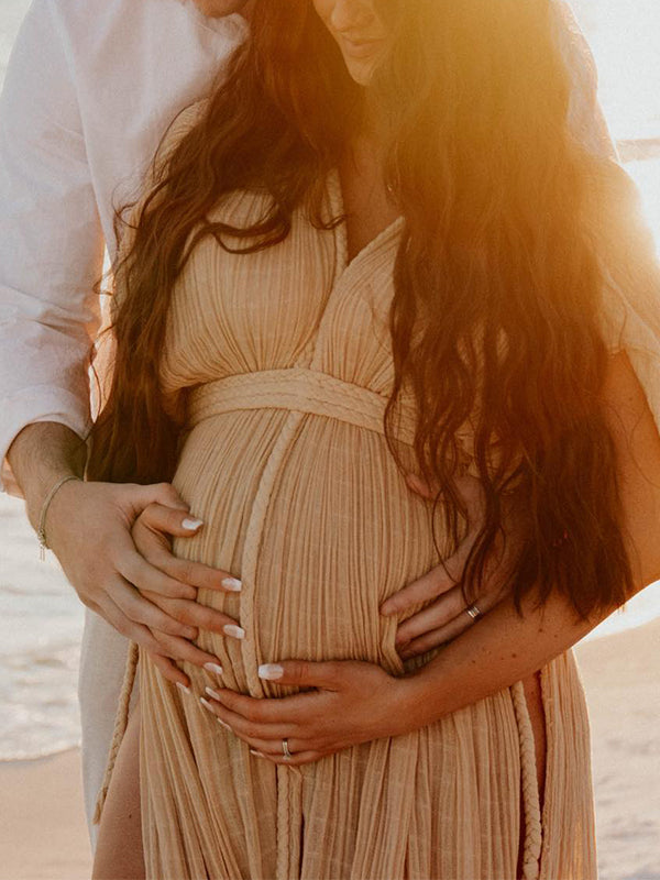 fotobeyou V-Neck Linen Cotton Bohemian Backless Thigh High Side Slits Tassel Vacation Photoshoot Maternity Maxi Dress