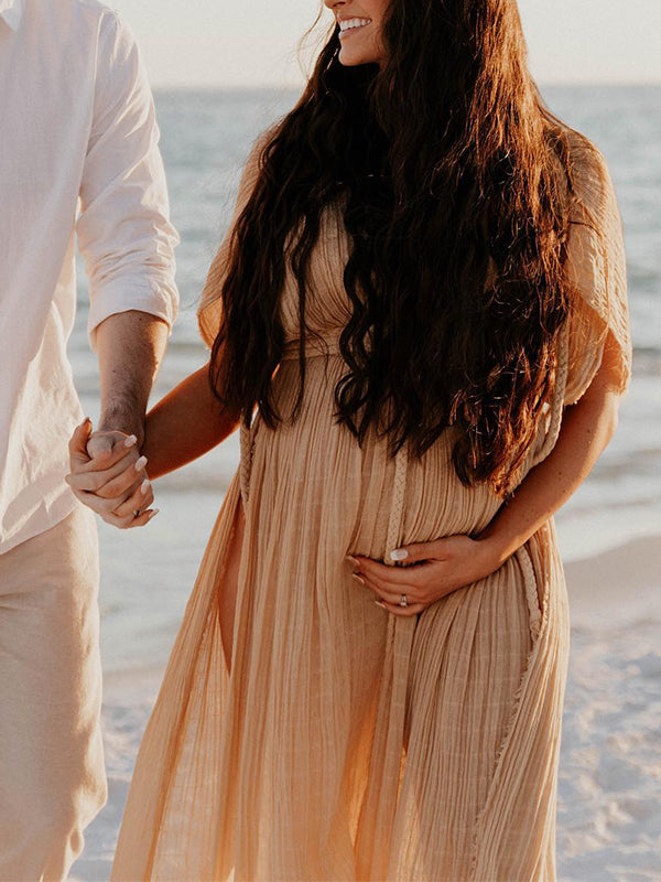 fotobeyou V-Neck Linen Cotton Bohemian Backless Thigh High Side Slits Tassel Vacation Photoshoot Maternity Maxi Dress