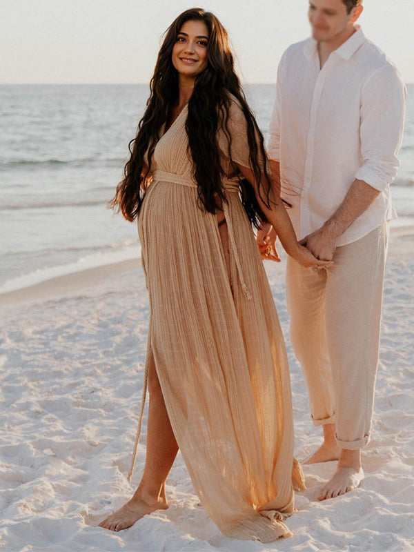 fotobeyou V-Neck Linen Cotton Bohemian Backless Thigh High Side Slits Tassel Vacation Photoshoot Maternity Maxi Dress