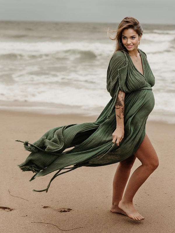 fotobeyou V-Neck Linen Cotton Bohemian Backless Thigh High Side Slits Tassel Vacation Photoshoot Maternity Maxi Dress