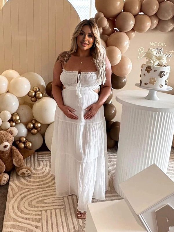 fotobeyou Solid Color Ruffle Backless Spaghetti Strap Cut Out Tassel Drawstring Babyshower Maternity Maxi Dress