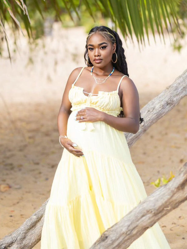 fotobeyou Solid Color Ruffle Backless Spaghetti Strap Cut Out Tassel Drawstring Babyshower Maternity Maxi Dress