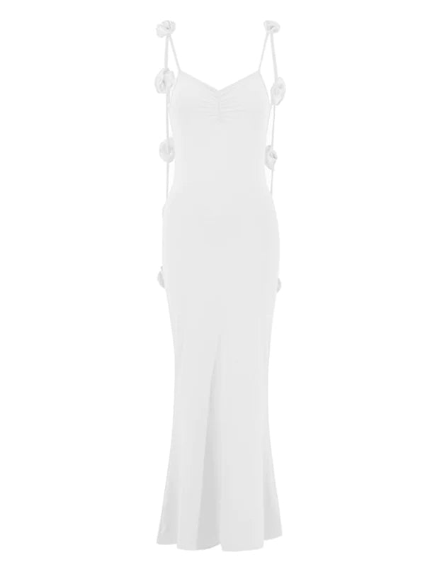fotobeyou White 3D Flowers Cami Backless V-neck Mermaid Evening Elegant Wedding Gown Maternity Photoshoot Baby Shower Maxi Dress