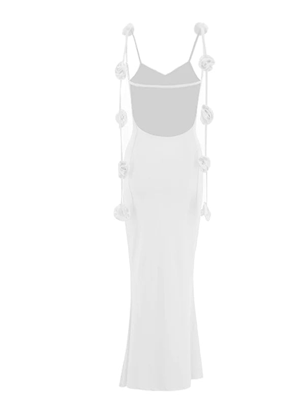 fotobeyou White 3D Flowers Cami Backless V-neck Mermaid Evening Elegant Wedding Gown Maternity Photoshoot Baby Shower Maxi Dress