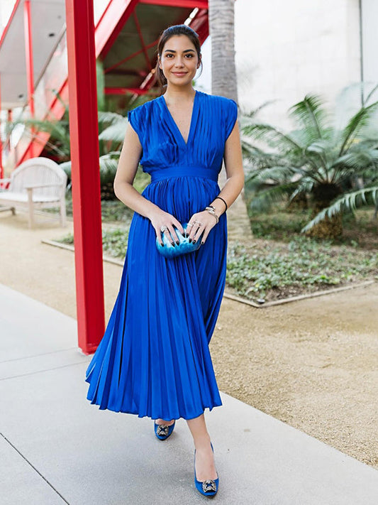 fotobeyou Blue Satin Pleated Deep V-neck Sleeveless Big Swing Elegant Work Wedding Guest Maternity Photoshoot Baby Shower Maxi Dress