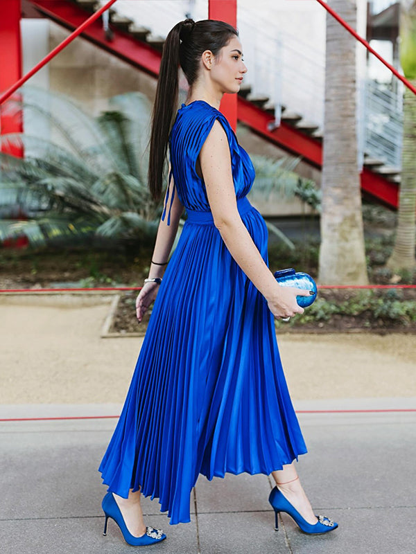 fotobeyou Blue Satin Pleated Deep V-neck Sleeveless Big Swing Elegant Work Wedding Guest Maternity Photoshoot Baby Shower Maxi Dress