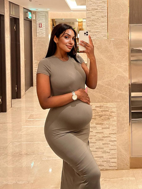 fotobeyou Solid Color Round Neck Short Sleeve Bodycon Chic Basic Going Out Daily Maternity Baby Shower Maxi Dress