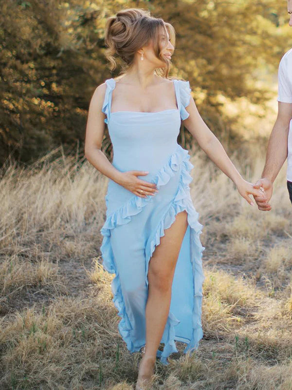 fotobeyou Solid Color Ruffled Side Slit Tank Square Neck Elegant Maternity Maxi Dress