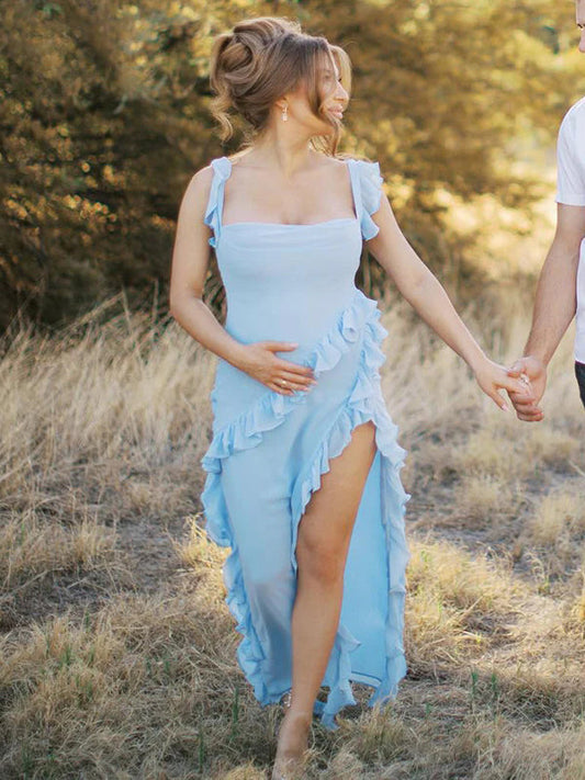 fotobeyou Solid Color Ruffled Side Slit Tank Square Neck Elegant Maternity Maxi Dress