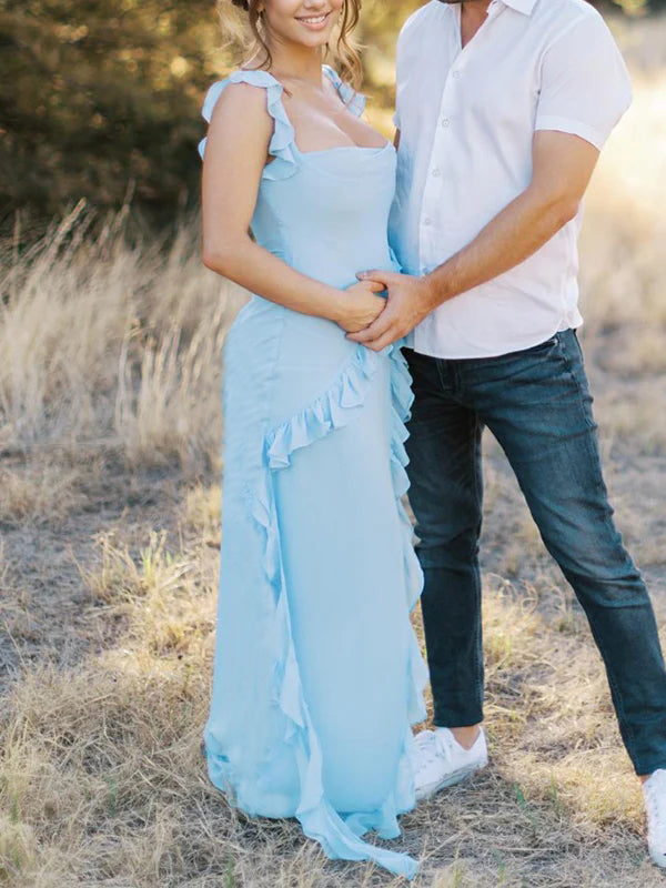 fotobeyou Solid Color Ruffled Side Slit Tank Square Neck Elegant Maternity Maxi Dress