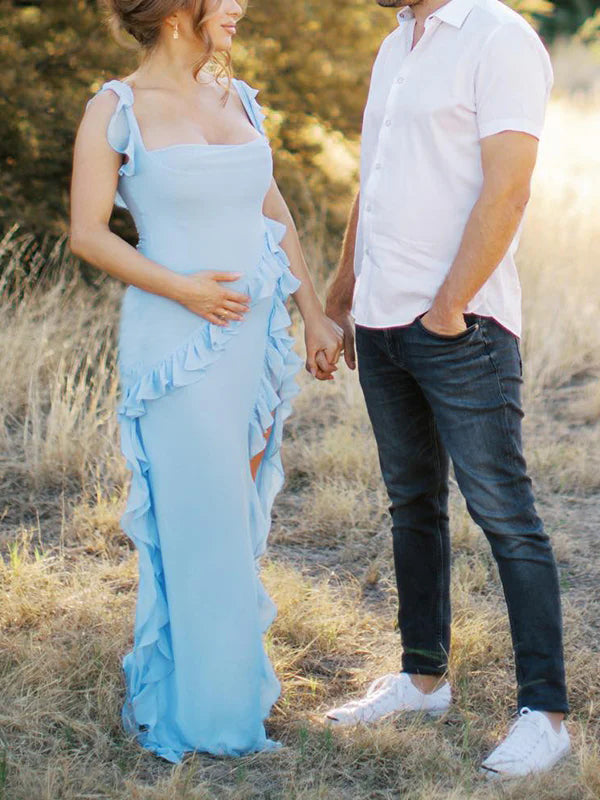 fotobeyou Solid Color Ruffled Side Slit Tank Square Neck Elegant Maternity Maxi Dress