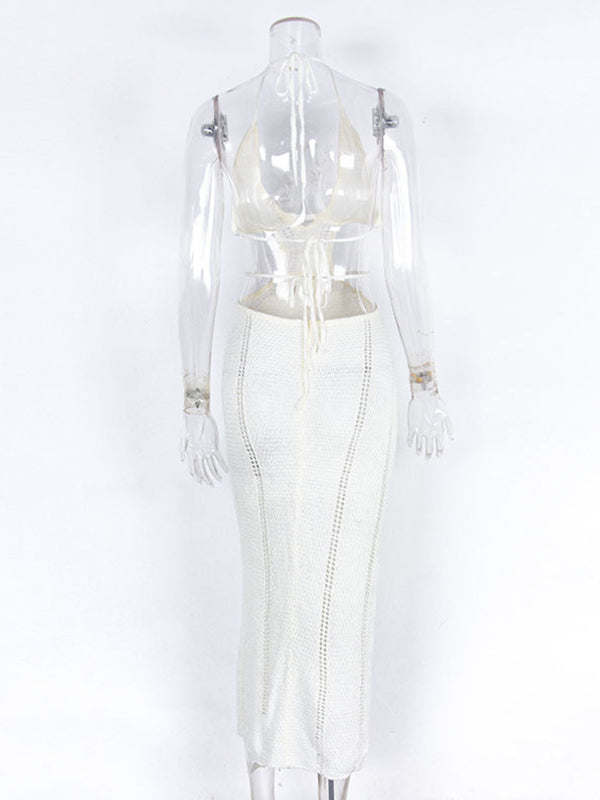 fotobeyou White Crochet Cut Out Backless Halter Neck Bodycon Chic Vacation Open Belly Maternity Dress