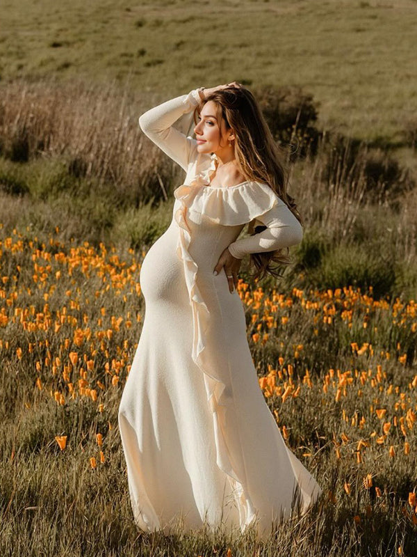 fotobeyou Apricot Off Shoulder Side Slit Ruffle Falbala Draped Elegant Going Out Maternity Photoshoot Baby Shower Maxi Dress