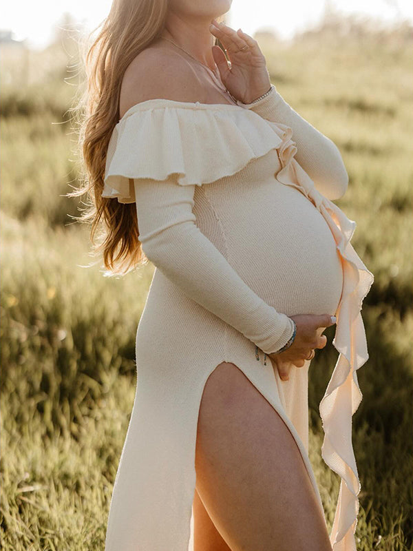 fotobeyou Apricot Off Shoulder Side Slit Ruffle Falbala Draped Elegant Going Out Maternity Photoshoot Baby Shower Maxi Dress