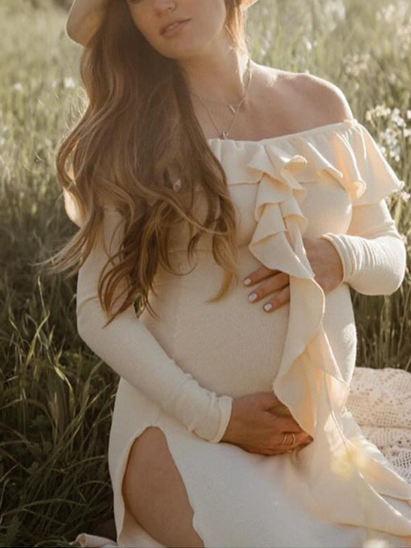fotobeyou Apricot Off Shoulder Side Slit Ruffle Falbala Draped Elegant Going Out Maternity Photoshoot Baby Shower Maxi Dress