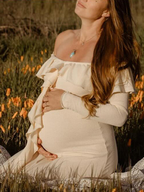 fotobeyou Apricot Off Shoulder Side Slit Ruffle Falbala Draped Elegant Going Out Maternity Photoshoot Baby Shower Maxi Dress