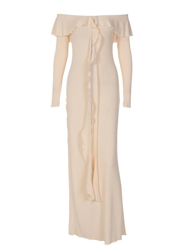 fotobeyou Apricot Off Shoulder Side Slit Ruffle Falbala Draped Elegant Going Out Maternity Photoshoot Baby Shower Maxi Dress