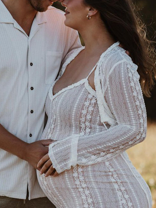 fotobeyou Ivory Lace Two Piece Set Side Slit V-neck Cami Maxi Dress And Crop Cardigan Elegant Going Out Maternity Photoshoot Baby Shower Maxi Dress