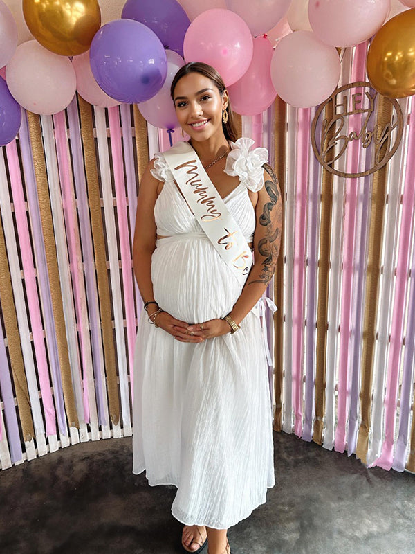 fotobeyou White Flowy Big Swing Ruffle Falbala Backless Cami Elegant Beach Baby Moon Maternity Photoshoot Baby Shower Maxi Dress