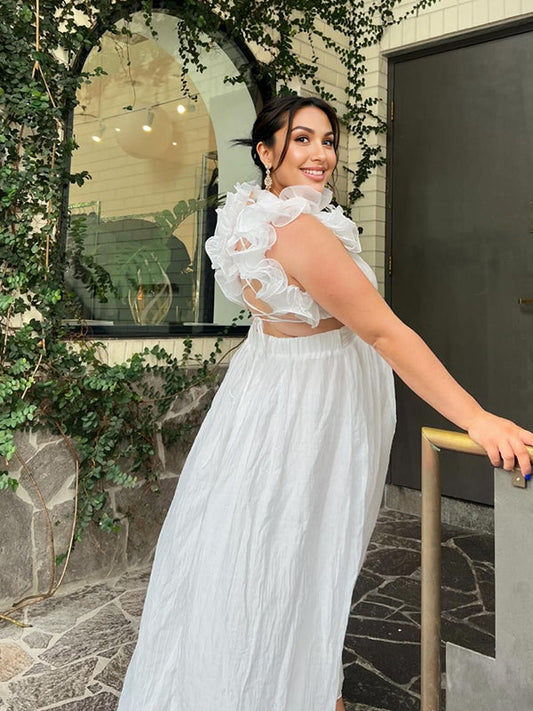 fotobeyou White Flowy Big Swing Ruffle Falbala Backless Cami Elegant Beach Baby Moon Maternity Photoshoot Baby Shower Maxi Dress