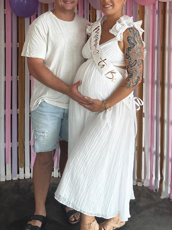 fotobeyou White Flowy Big Swing Ruffle Falbala Backless Cami Elegant Beach Baby Moon Maternity Photoshoot Baby Shower Maxi Dress