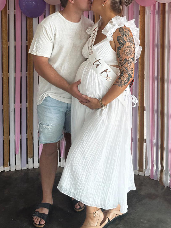 fotobeyou White Flowy Big Swing Ruffle Falbala Backless Cami Elegant Beach Baby Moon Maternity Photoshoot Baby Shower Maxi Dress