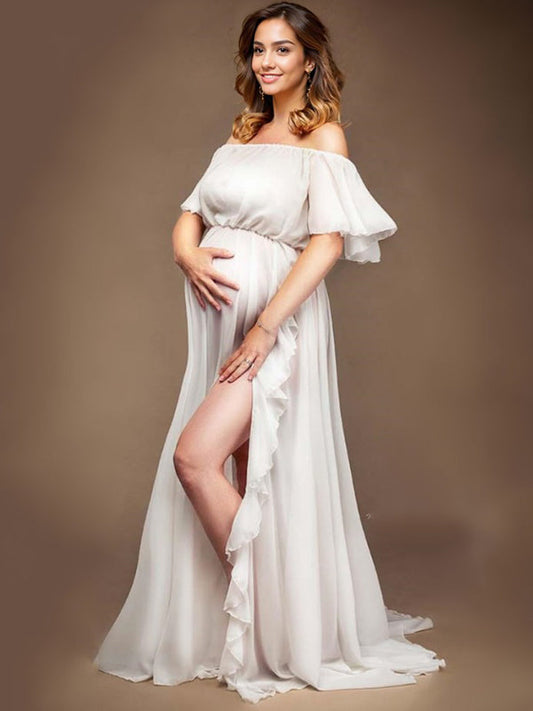 fotobeyou Solid Color Off Shoulder Backless Ruffle Side Slit Chiffon Photoshoot Maternity Maxi Dress