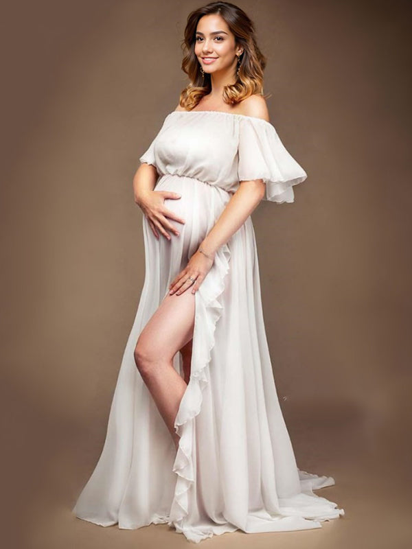 fotobeyou Solid Color Off Shoulder Backless Ruffle Side Slit Chiffon Photoshoot Maternity Maxi Dress