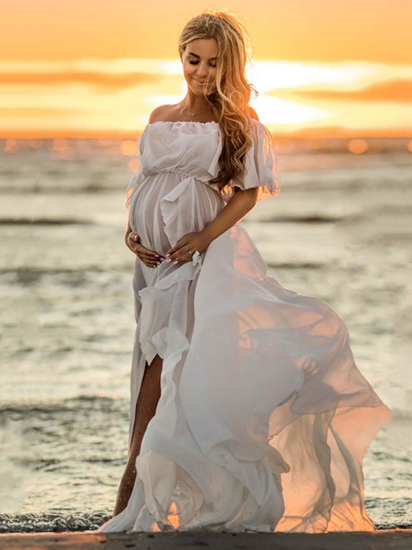 fotobeyou Solid Color Off Shoulder Backless Ruffle Side Slit Chiffon Photoshoot Maternity Maxi Dress