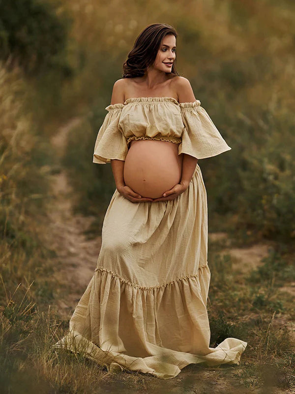 fotobeyou Boho Solid Color Off Shoulder Backless Linen Cotton Ruffle 2-in-1 Crop Cap Sleeve Side Slit Photoshoot Maternity Maxi Dress