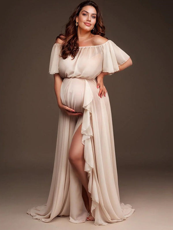 fotobeyou Solid Color Off Shoulder Backless Ruffle Side Slit Chiffon Photoshoot Maternity Maxi Dress