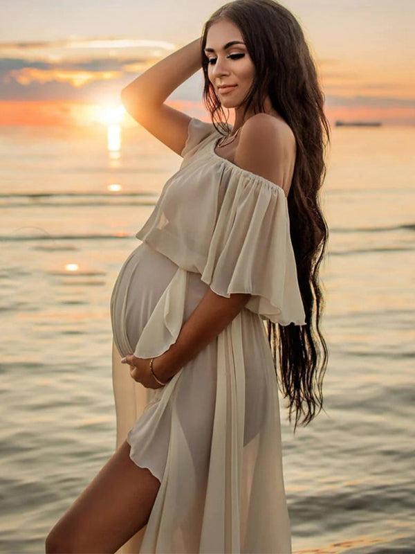 fotobeyou Solid Color Off Shoulder Backless Ruffle Side Slit Chiffon Photoshoot Maternity Maxi Dress
