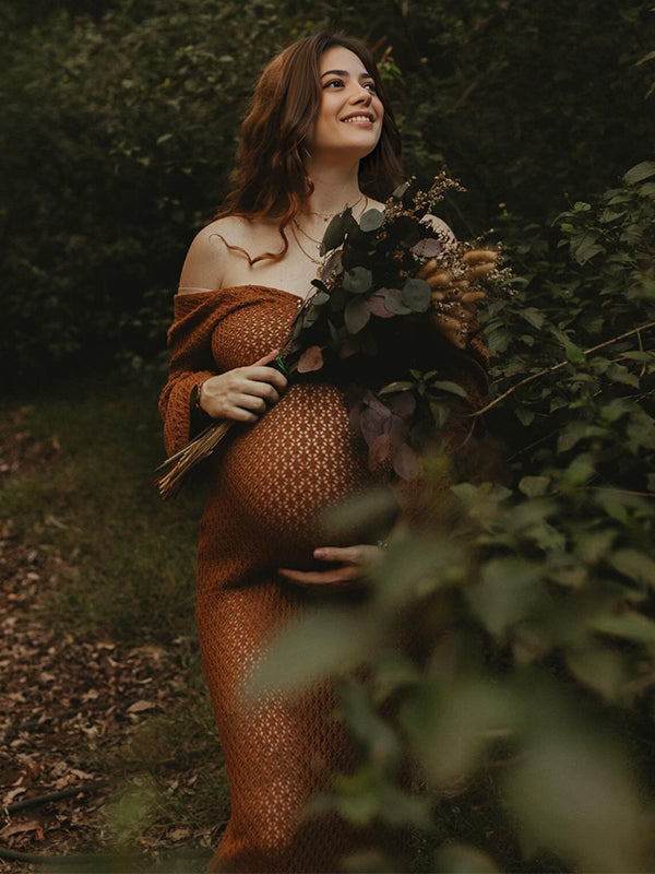 fotobeyou Coffee Color V-Neck Knitting Cut Out Beach Vacation Photoshoot Maternity Maxi Dress