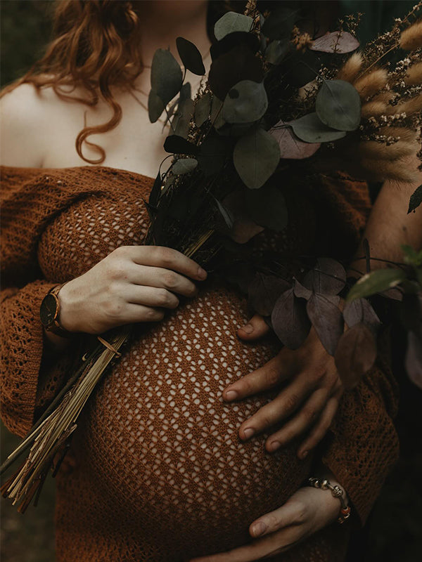fotobeyou Coffee Color V-Neck Knitting Cut Out Beach Vacation Photoshoot Maternity Maxi Dress