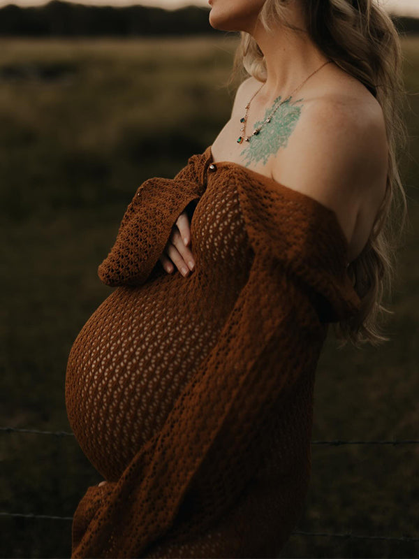fotobeyou Coffee Color V-Neck Knitting Cut Out Beach Vacation Photoshoot Maternity Maxi Dress