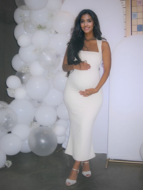White Strap Bodycon Mermaid  Babyshower Maternity Maxi Dress