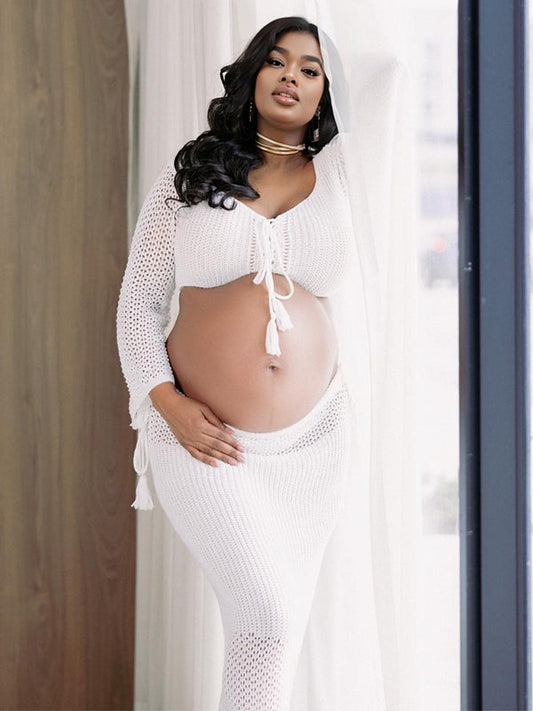 fotobeyou White Drawstring Crop Sheer Knitting 2-in-1 Bodycon Mermaid Beach Vacatiom Photoshoot Maternity Maxi Dress