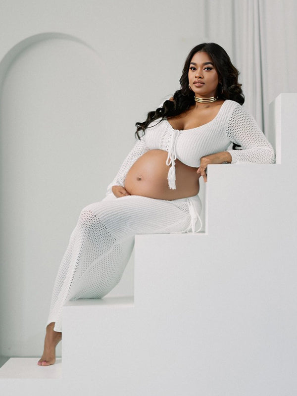 fotobeyou White Drawstring Crop Sheer Knitting 2-in-1 Bodycon Mermaid Beach Vacatiom Photoshoot Maternity Maxi Dress