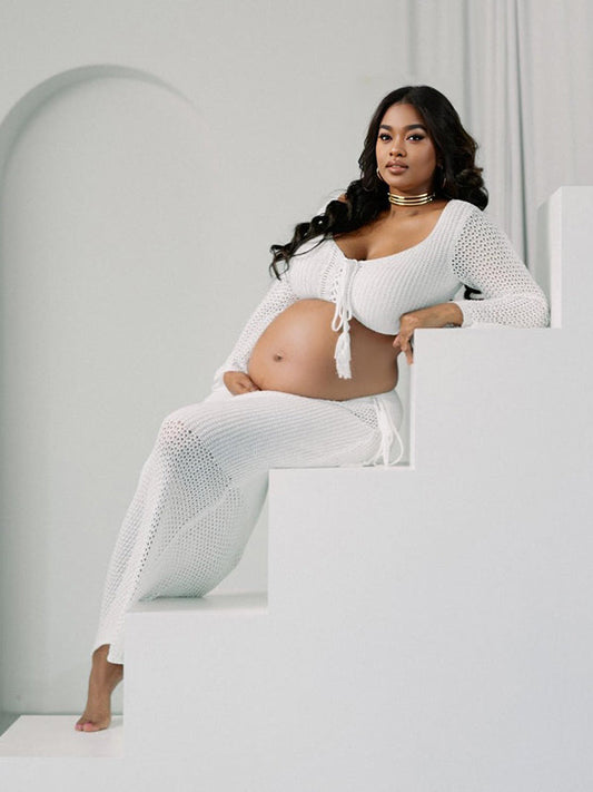 fotobeyou White Drawstring Crop Sheer Knitting 2-in-1 Bodycon Mermaid Beach Vacatiom Photoshoot Maternity Maxi Dress