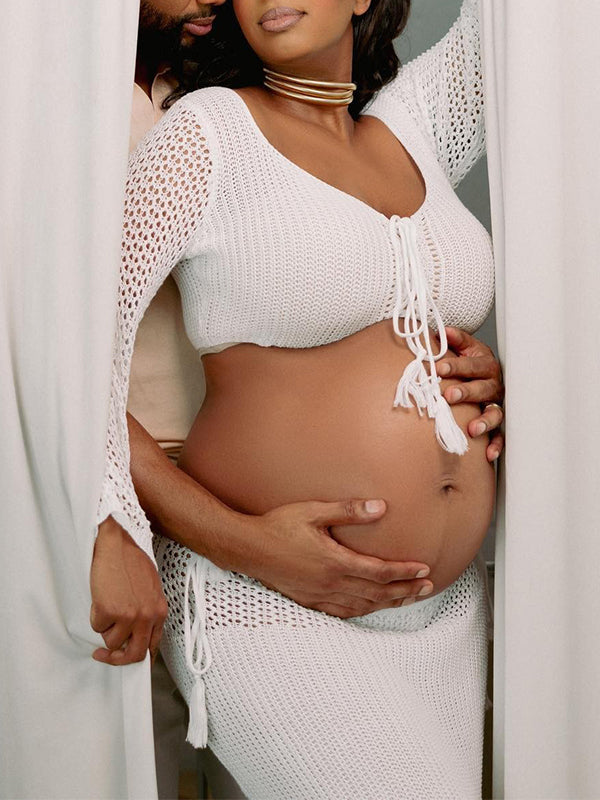 fotobeyou White Drawstring Crop Sheer Knitting 2-in-1 Bodycon Mermaid Beach Vacatiom Photoshoot Maternity Maxi Dress