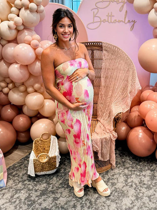 fotobeyou Pleated Bandeau Backless Back Bowknot Tie Back Tie Dye Party Bodycon Mermaid Babyshower Maternity Maxi Dress