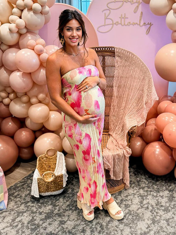 fotobeyou Pleated Bandeau Backless Back Bowknot Tie Back Tie Dye Party Bodycon Mermaid Babyshower Maternity Maxi Dress