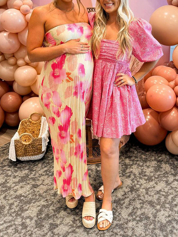 fotobeyou Pleated Bandeau Backless Back Bowknot Tie Back Tie Dye Party Bodycon Mermaid Babyshower Maternity Maxi Dress